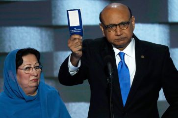 Father of slain US soldier holding a copy of US constitution as he challenged presidential hopeful Donald Trump