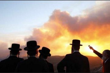Jewish men looking at fire in Haifa