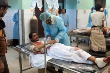 Yemeni citizen treated from injuries he suffered during an airstrike by the Saudi-US aggression