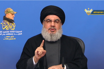 Hezbollah Secretary General Sayyed Hasan Nasrallah during a televised speech on the third anniversary of martyrdom of senior military commander Mustafa Badreddine