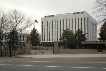 WASHINGTON D.C., USA - FEBRUARY 14, 2018: A view of the Russian Embassy in Washington D.C. The City Council voted to rename a square in front of the Russian Embassy after murdered politician Boris Nemtsov. Anatoly Bochinin/TASSСША. Вашингтон. 15 февраля 2018. Посольство Российской Федерации в Соединенных Штатах Америки на площади Бориса Немцова. Городской совет единогласно одобрил законопроект о переименовании площади. При этом адреса на этом участке Висконсин-авеню меняться не будут и российское посольство по-прежнему будет находиться по адресу "Висконсин-авеню, дом 2650". Анатолий Бочинин/ТАСС