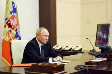 RUSSIA, MOSCOW REGION - OCTOBER 19, 2022: Russia's President Vladimir Putin holds a video conference meeting of the Russian Security Council at Novo-Ogaryovo residence. Sergei Ilyin/Russian Presidential Press and Information Office/TASS